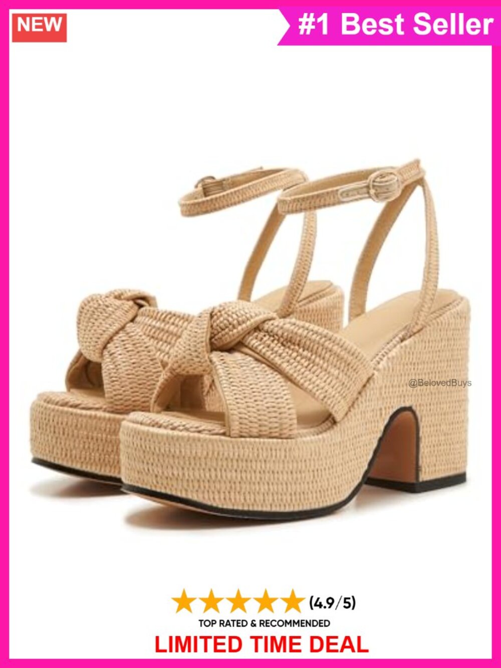 Woven Raffia Platform Sandals Chunky Block Heel Ankle Strap Women's Summer